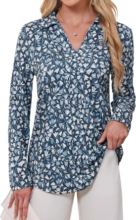 Women's Polo Shirts Collared V Neck Work Tops Long Sleeve Business Casual Dressy Blouses Textured Ribbed Tunic
