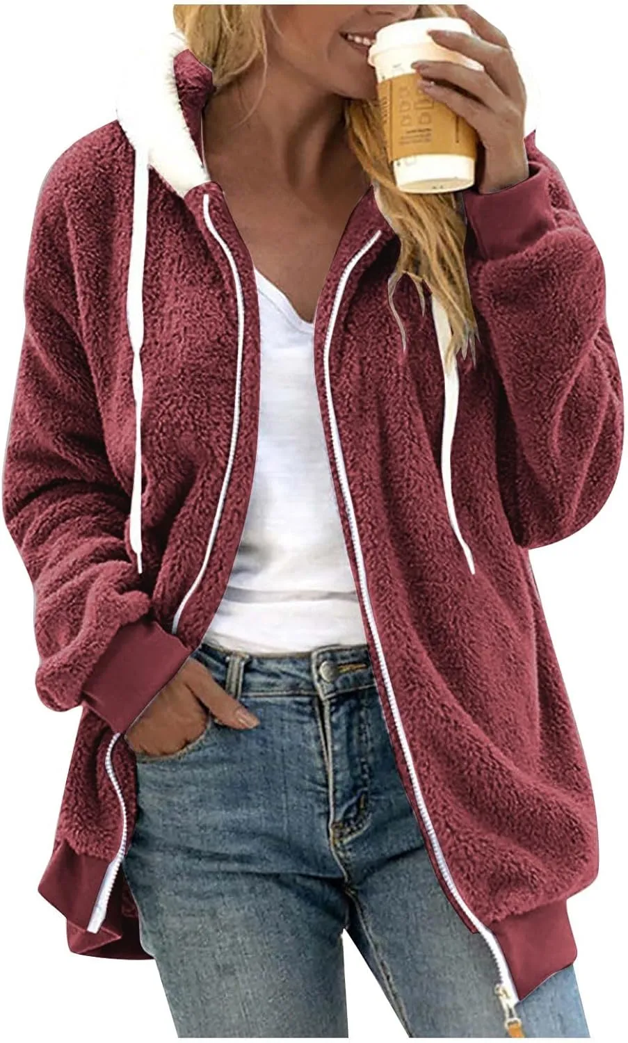 Womens Sherpa Jacket Fuzzy Plus Size Zip Up Hoodie Soft Comfy Fleece Lined Winter Coat with Pockets Warm Outerwear