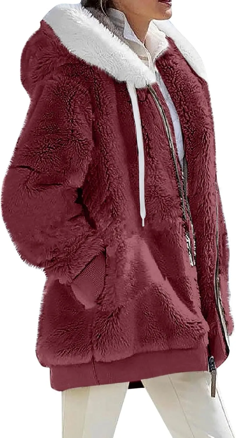 Womens Sherpa Jacket Fuzzy Plus Size Zip Up Hoodie Soft Comfy Fleece Lined Winter Coat with Pockets Warm Outerwear