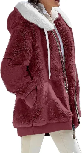 Womens Sherpa Jacket Fuzzy Plus Size Zip Up Hoodie Soft Comfy Fleece Lined Winter Coat with Pockets Warm Outerwear