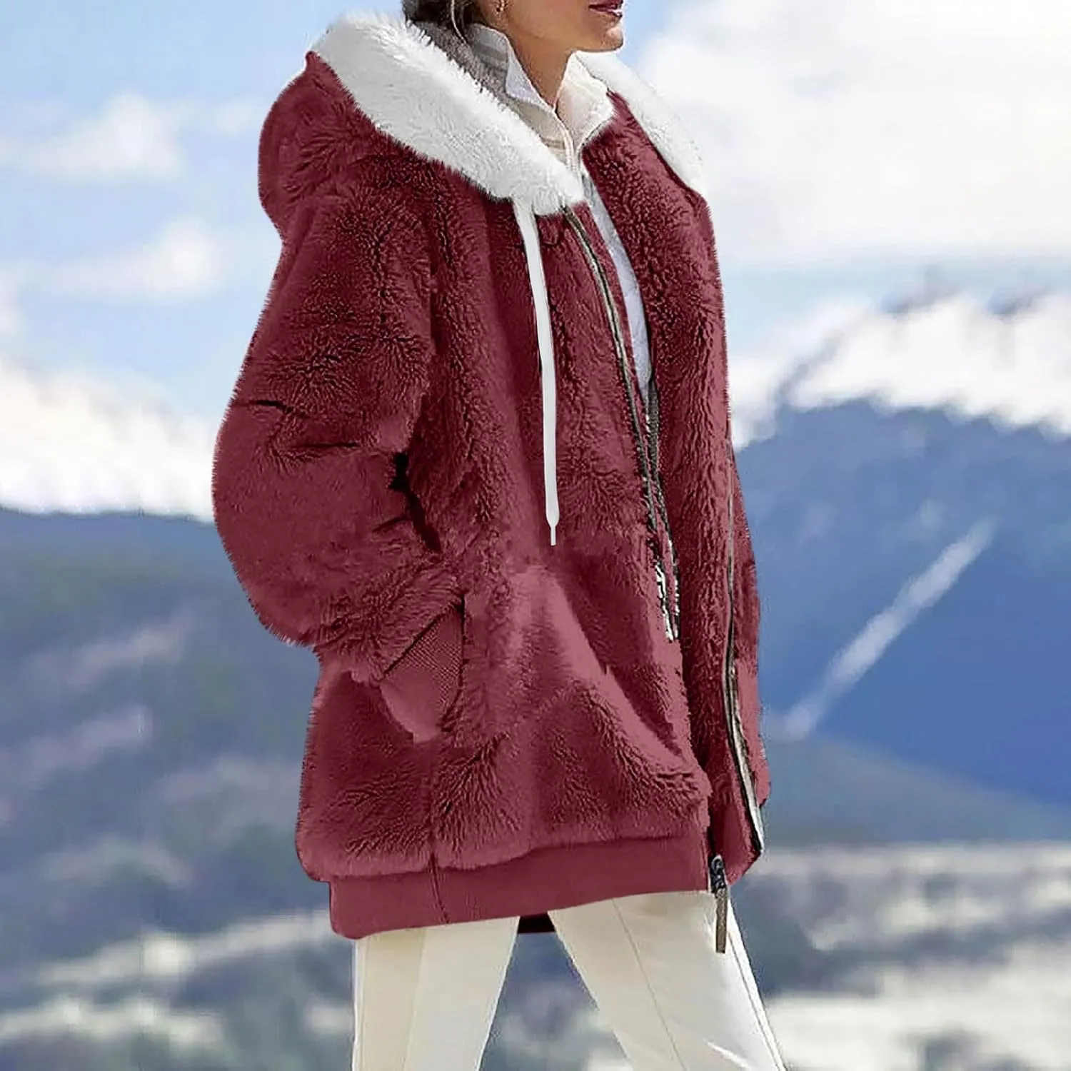 Womens Sherpa Jacket Fuzzy Plus Size Zip Up Hoodie Soft Comfy Fleece Lined Winter Coat with Pockets Warm Outerwear