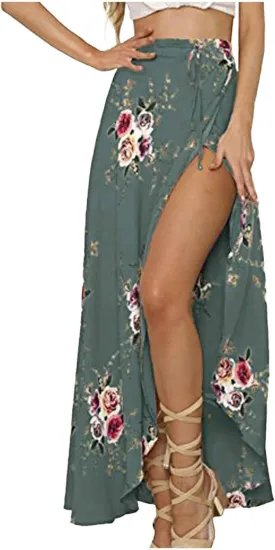 Womens Slit Skirt Floral Boho Long Skirts Tie Up Waist Summer Beach Wrap Cover Up Maxi Skirt Sexy Holiday Party Dresses